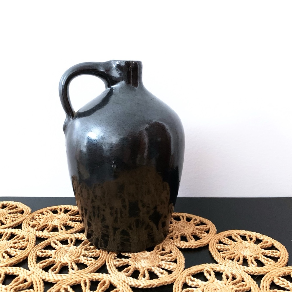 Vintage Handmade Pottery Jug Metallic Black Glazed